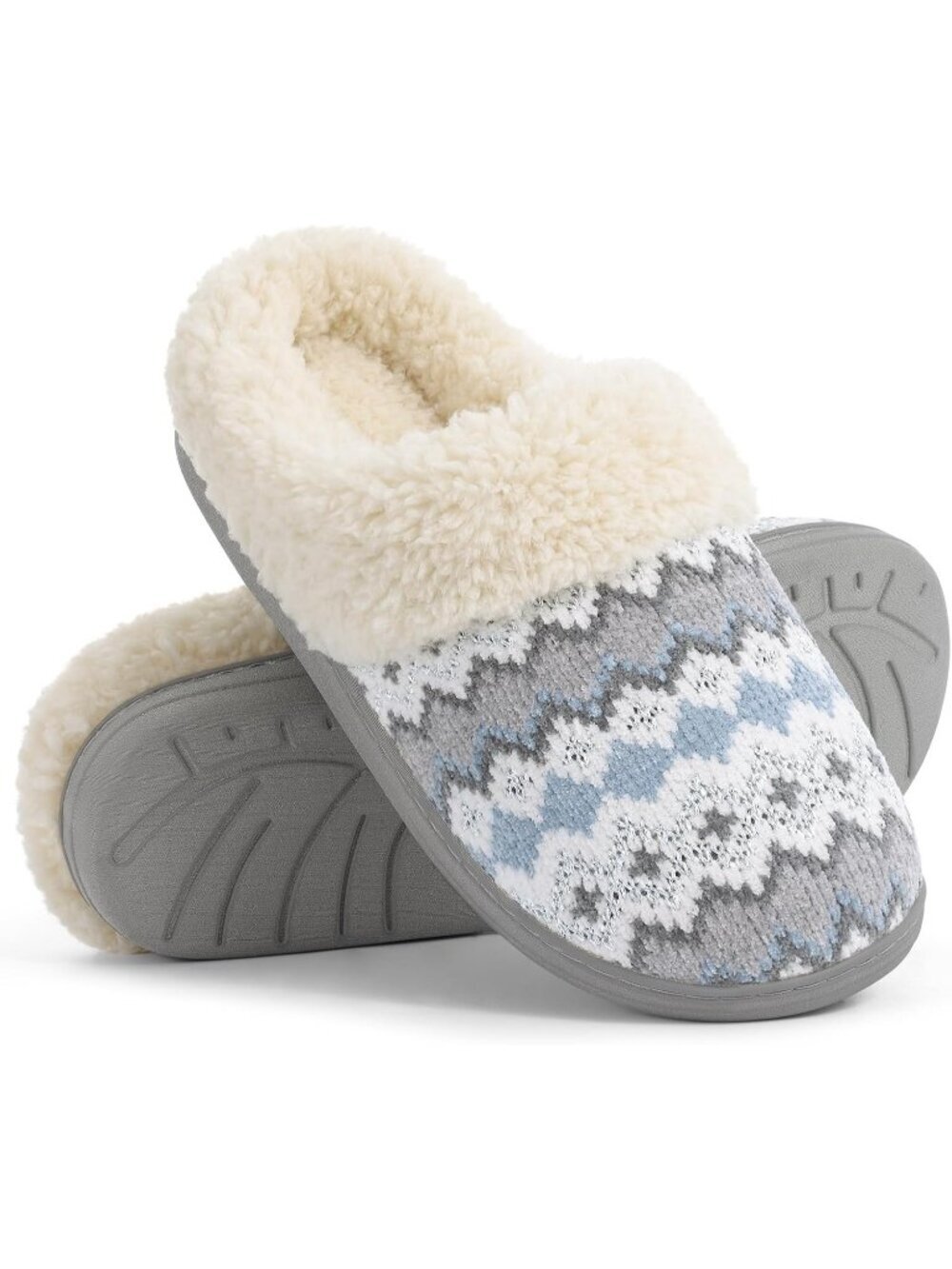 Women's Boho Blue Gray Comfy Wool Like Lined Closed Toe Warm Knit Slipper Shoes